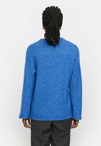 Blauwe, oversized gebreide trui met een ronde halslijn en lange mouwen. Gemaakt van een zachte, gestructureerde stof, met een ontspannen pasvorm en zijsplitten.