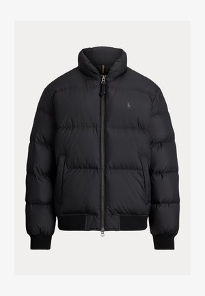 Must有黑 puffer jakk, millel on kõrge krae, tõmblukuga sulgemine, soonikkoes mansetid ja külgtaskud, millel on õmbluse detail. Kerge ja isoleeritud disain.