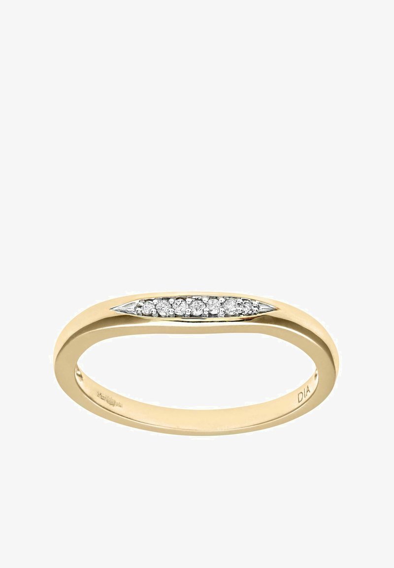 Tenká zlatá prstienok s lodičkovým vrchom, v ktorom sú zasadené biele diamanty v línii. Hladký povrch s leštenými okrajmi, minimalistický dizajn.