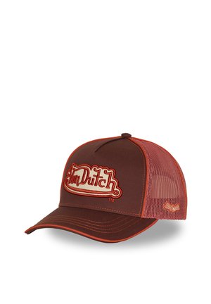 Braune und orange Mesh-Trucker-Cap mit gebogenem Schirm und "Von Dutch" Logo-Patch auf dem vorderen Panel.