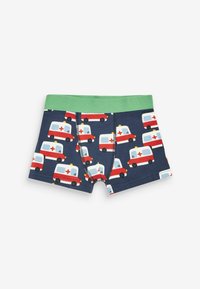 Jongensboxers gemaakt van katoen met een marineblauwe basis, met een herhaald patroon van rode en witte ambulances en een groene elastische tailleband.