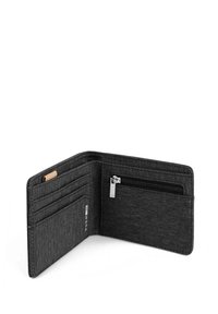 Black fabric wallet with multiple card slots, a zippered pocket, and a textured finish. Compact design, no visible branding.