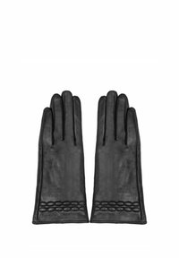 Czarne skórzane rękawiczki o gładkiej fakturze, z plecionym wzorem przy nadgarstku i klasycznym, wydłużonym kształcie.