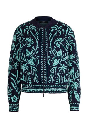 Marineblauwe sweater met ritssluiting en lichtblauwe tropische blad- en palmboomprints, geribbelde manchetten, kraag en tailleband.