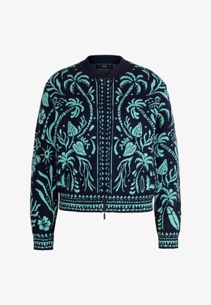 Navy blue zip-up sweater with light blue tropical leaf and palm tree patterns, ribbed cuffs, collar, and waistband.