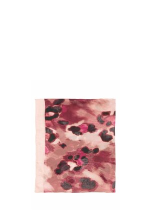 Kvadratisk tørklæde med lyserød, burgunder og sort abstrakt blomsterprint og lyserød kant på den ene side.