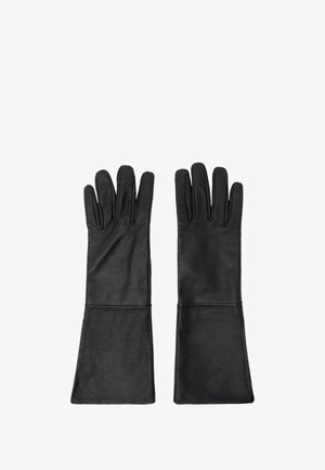 Guanti in pelle nera con design aderente; texture liscia, copertura lunga del polso, stile a cinque dita e dettagli minimi.