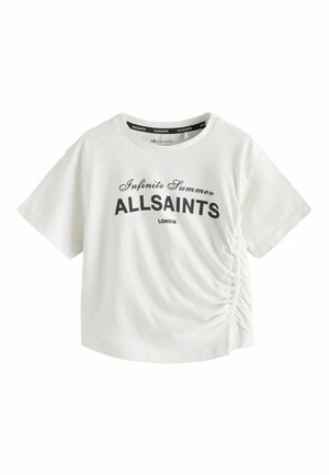 White cotton t-shirt featuring "Infinite Summer" and "ALLSAINTS" in black print. Short sleeves with gathered detail on the side.