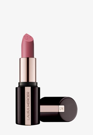Lipstick in a matte dusty rose color, featuring a sleek black tube with rose gold accents and a sculpted logo on the lipstick tip.