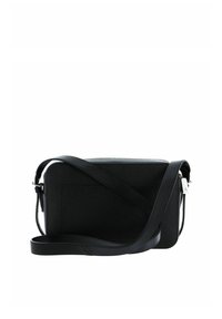 Borsa a tracolla nera in materiale texture, forma rettangolare, tracolla regolabile, chiusura con zip e dettaglio della tasca frontale.