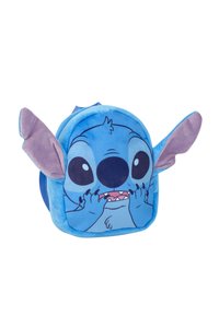 Sac à dos en peluche bleu présentant le visage d'un personnage avec de grands yeux et des oreilles roses. Forme arrondie avec une texture douce et une fermeture éclair facilement accessible.