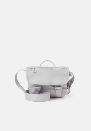 Small light grey crossbody bag with a zippered front flap, two buckle straps, adjustable shoulder strap, and top carry handle.