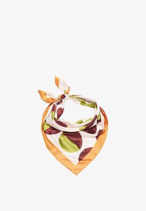 jedwabny szalik w kształcie trójkąta z pomarańczową bordiurą, wielokolorowe okręgi w zielonym, czerwonym i białym wzorze oraz związaną ozdobą.