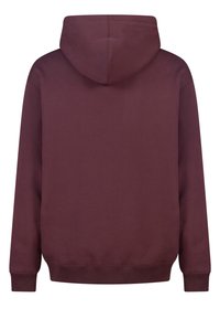 Sudadera con capucha de color marrón oscuro vista desde atrás, con mangas largas, puños y dobladillo acanalados, y una capucha simple adjunta.