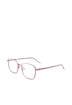 Montatura rettangolare in metallo rosa per occhiali con naselli regolabili e aste sottili, con marchio "Love Moschino" sul lato.