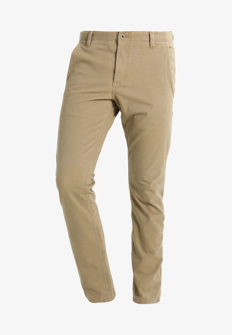 Pantalon beige slim pour homme avec passants de ceinture, bouton frontal, braguette zippée et poches latérales sur fond blanc.