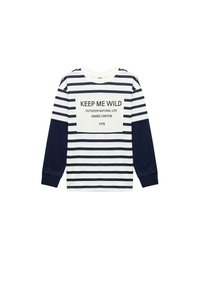 Langsleeve overhemd met marineblauwe en witte horizontale strepen. De voorkant heeft een rechthoekige graphic met tekst. Materiaal lijkt zacht, casual ontwerp.