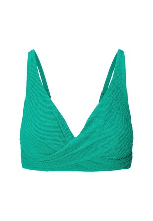 Top bikini verde con texture caratterizzato da un design a V e spalline sottili regolabili. Il tessuto ha un aspetto righe, aggiungendo interesse visivo.