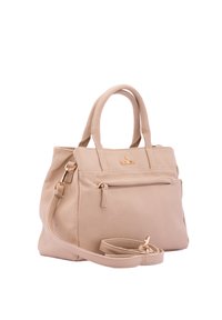 Borsa a tracolla in pelle beige con due manici corti, tracolla rimovibile, tasca frontale con zip e finiture in oro.