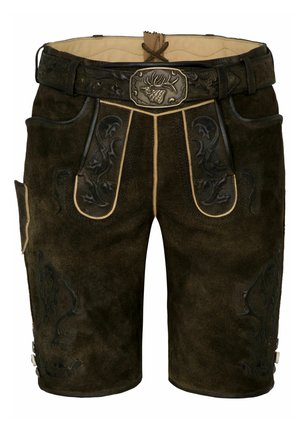 Brown leather shorts with embossed patterns, contrasting beige seams, and a decorative belt buckle featuring a stag design.