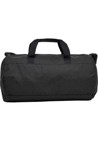 Svart duffelväska gjord av slitstarkt tyg; har två robusta handtag och ett dragkedjestängning på toppen. Minimalistisk design, inga synliga m�önster.