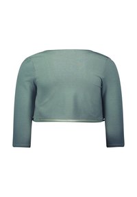 Przycięta bluzka z długim rękawem w stonowanej zielonej tkaninie, o gładkiej fakturze i prostym dekolcie, z minimalnymi detalami szwów.