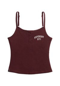 Burgundy ribbed tank top with lace trim, featuring a buttoned front and white "SUPERDRY NYC" logo. Adjustable spaghetti straps.
