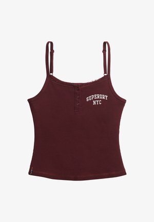 Burgundowy top na ramiączkach z prążkowanej tkaniny, z koronkowym wykończeniem, z zapięciem na guziki i białym logo "SUPERDRY NYC". Regulowane, cienkie ramiączka.