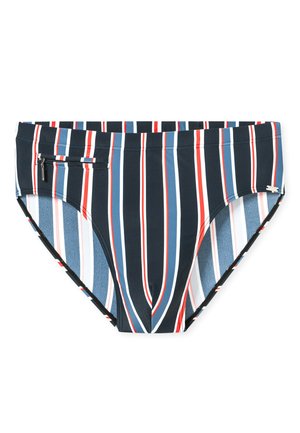 Zwemshort met een marineblauwe basis, verticale strepen in rood, wit en blauw. Heeft een ritszak en zwarte accenten. Gemaakt van rekbaar materiaal.