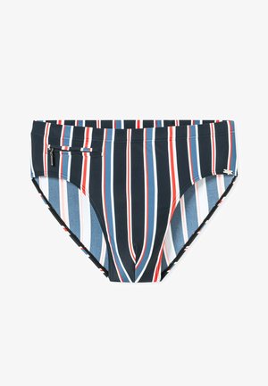 Svømmetæts med navy bund, lodrette striber i rød, hvid og blå. Har en lynlås-lomme og sorte detaljer. Lavet af strækbart materiale.