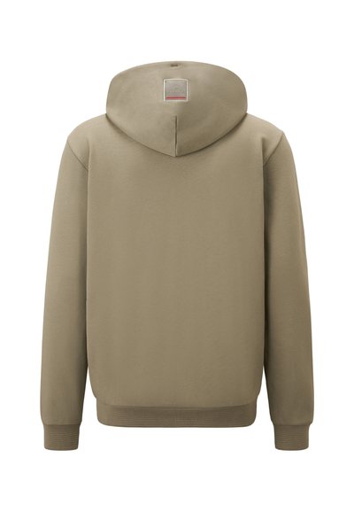 Khaki Kapuzenpullover, weiches Material, gerippte Bündchen und Saum, Etikett am Kragen, glatte Textur, klassisches Design, Rückansicht.