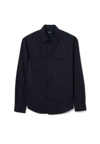 Marineblauw overhemd met knopen, gemaakt van stof met een gladde textuur. Voorzien van twee borstzakken, een kraag en knoopsluiting aan de voorkant.