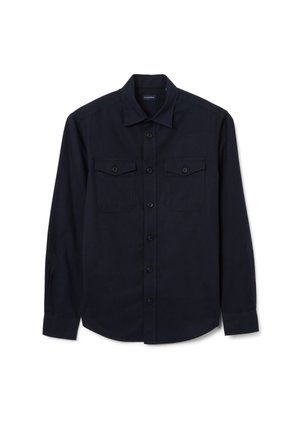 Camicia blu navy con bottoni, realizzata in tessuto dalla trama liscia. Presenta due tasche sul petto, un colletto e una chiusura frontale con bottoni.