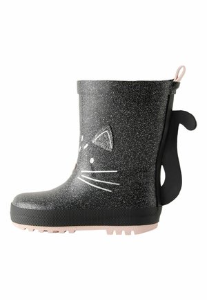 Schwarzer, gesprenkelter Kinderregenstiefel mit Katzengesicht-Design und schwarzem Schwanzdetail auf der Rückseite, hellrosa Sohle und einem Zugband oben.