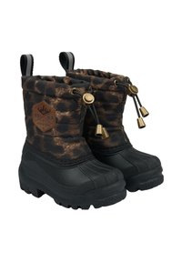 Bottes à motifs noirs et marron avec une semelle en caoutchouc imperméable, une tige en tissu matelassé, un cordon ajustable et des accents en bronze.