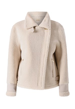 Beige Fleecejacke mit hohem Kragen und Reißverschluss. Verfügt über Seitentaschen, einen glatten Stoffbesatz und eine strukturierte Oberfläche.