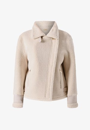 Giacca in pile beige con colletto alto e chiusura con zip. Presenta tasche laterali, una finitura in tessuto liscio e una superficie testurizzata in tutto il capo.