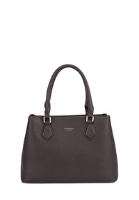 Borsa in pelle marrone a granuli con manici doppi, hardware dorato e un design strutturato. Presenta un logo impresso sul davanti.