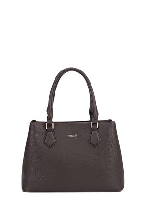 Borsa in pelle marrone a granuli con manici doppi, hardware dorato e un design strutturato. Presenta un logo impresso sul davanti.