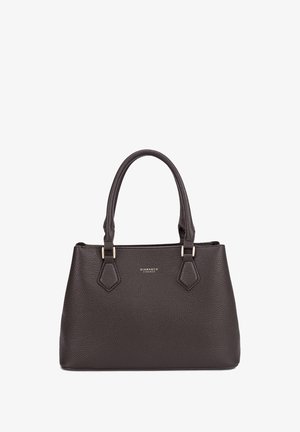 Bruine handtas van gemarmerd leer met dubbele handvaten, hardware in goudkleurig metaal en een gestructureerd ontwerp. Beschikt over een logo dat op de voorkant is gepresenteerd.