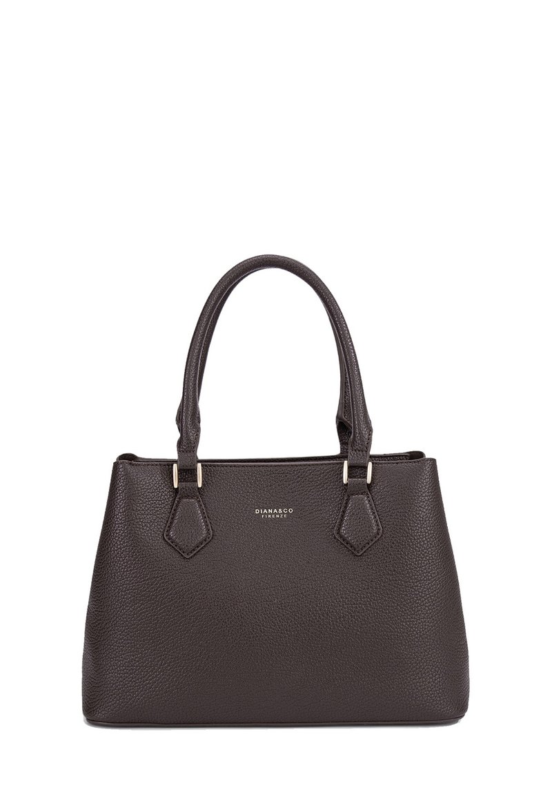 Borsa in pelle marrone a granuli con manici doppi, hardware dorato e un design strutturato. Presenta un logo impresso sul davanti.
