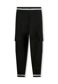 Černé cargo kalhoty s elastickým pasem a bílými pruhy. Mají boční kapsy a zúžené nohavice. Vyrobeny z měkkého, elastického materiálu.