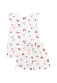 Completo per bambini composto da due pezzi: una maglietta bianca con maniche a sbuffo e motivi di ciliegie rosa, abbinata a pantaloni corti con elastico in vita.