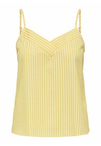 Geel mouwloos topje met een V-hals ontwerp, voorzien van verticale strepen en een gestructureerde stof. Dunne banden en een ontspannen pasvorm.