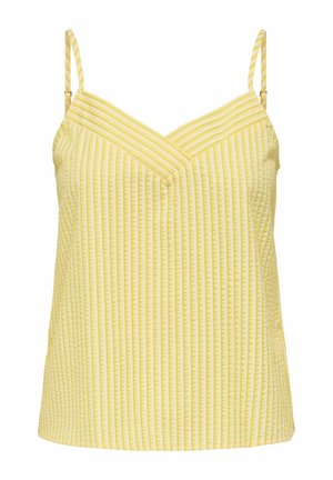 Žlutý top bez rukávů s výstřihem do V, který má vertikální pruhy a texturovanou látku. Tenké ramínka a volný střih.