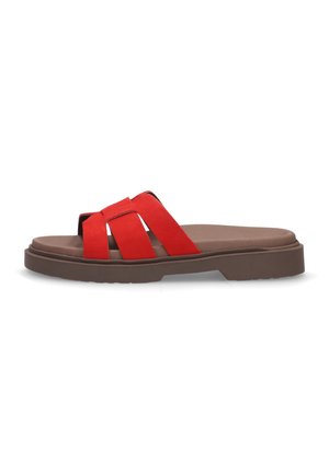 Rote Wildledersandale mit zwei breiten Riemen und einer braunen Gummisohle. Hat ein flaches Design und eine offene Zehe für ein einfaches Tragen.