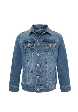 Blaue Jeansjacke mit Knopfleiste, zwei aufgesetzten Brusttaschen mit Knöpfen, Seitentaschen und langen Ärmeln.