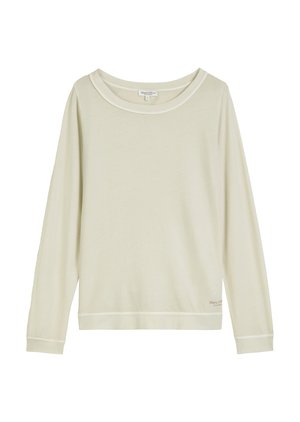 Maglietta a maniche lunghe beige chiaro con scollatura rotonda ampia, tessuto morbido, polsini a costine e un sottile dettaglio del logo vicino all'orlo.