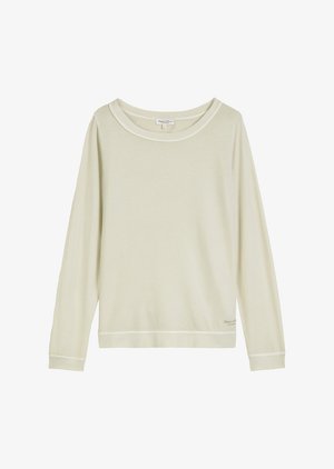 Vaalea beige pitkähihaisen paita, jossa on leveä pyöreä pääntie, pehmeä kangas, ribbineulotut hihansuut ja hillitty logon yksityiskohta helman lähellä.