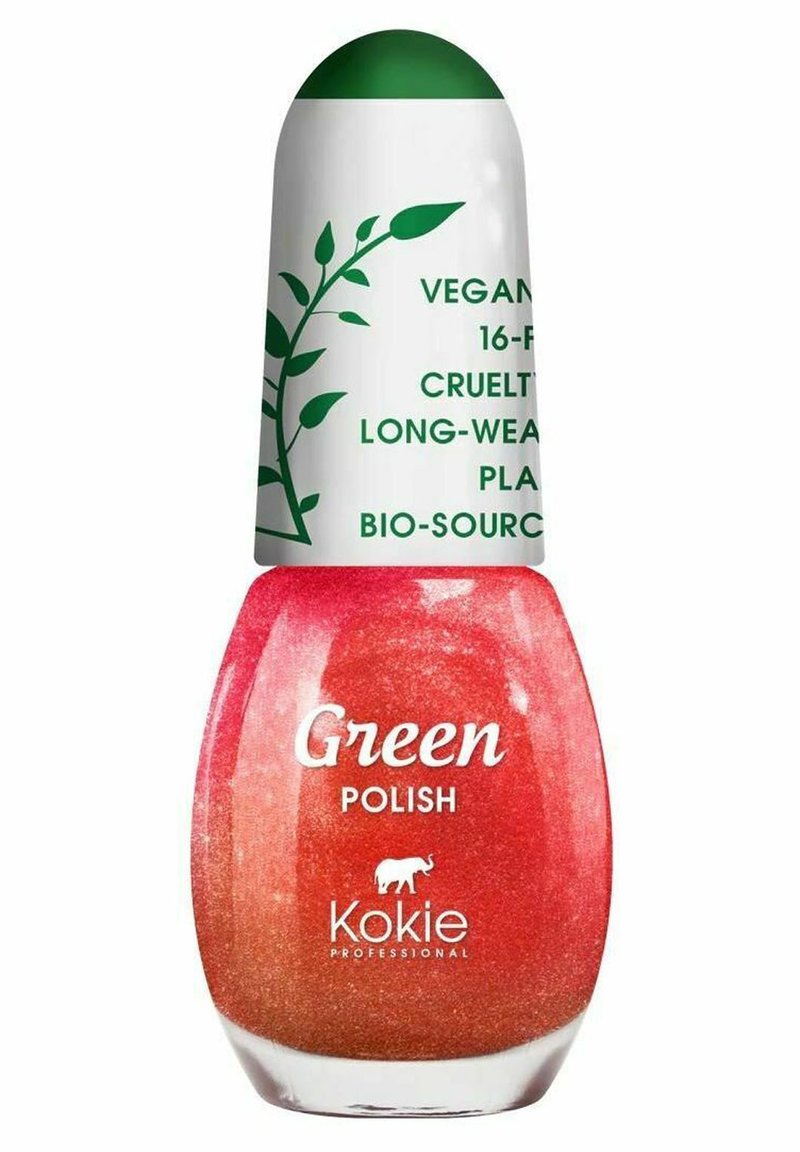Grön nagellack i en avsmalnande glasflaska med ett vitt lock som har en design av gröna blad. Texten inkluderar "Vegan" och "Långvarig".